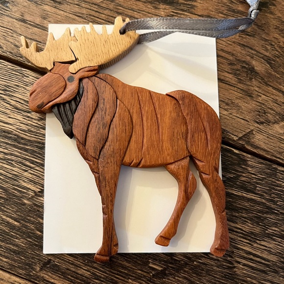 Standing Moose Intarsia Wood Ornament SET OF 6 - Picture 2 of 4